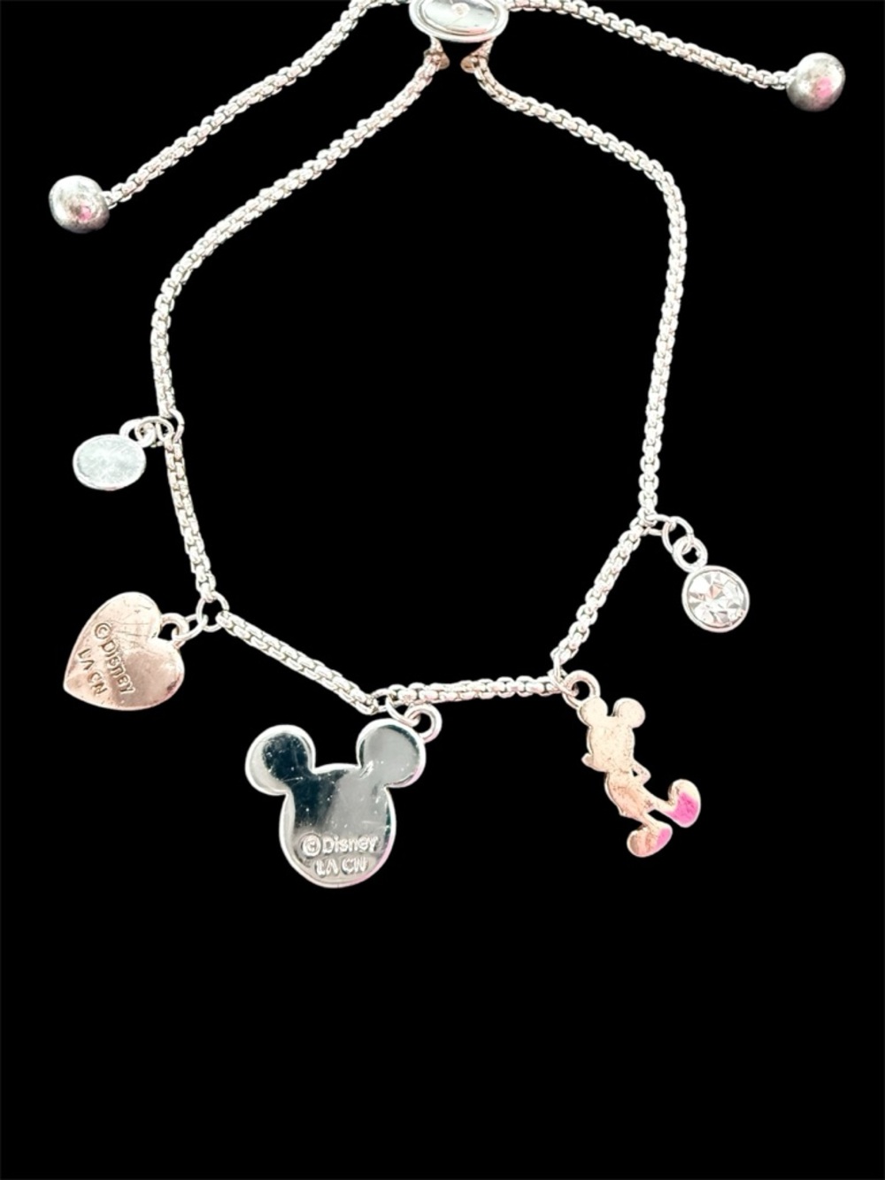 Disney Classics Mickey Mouse charm bolo bracelet, silver plated EUC crystals